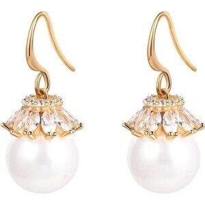 Gold Pearl Earrings Dainty Dangle drop